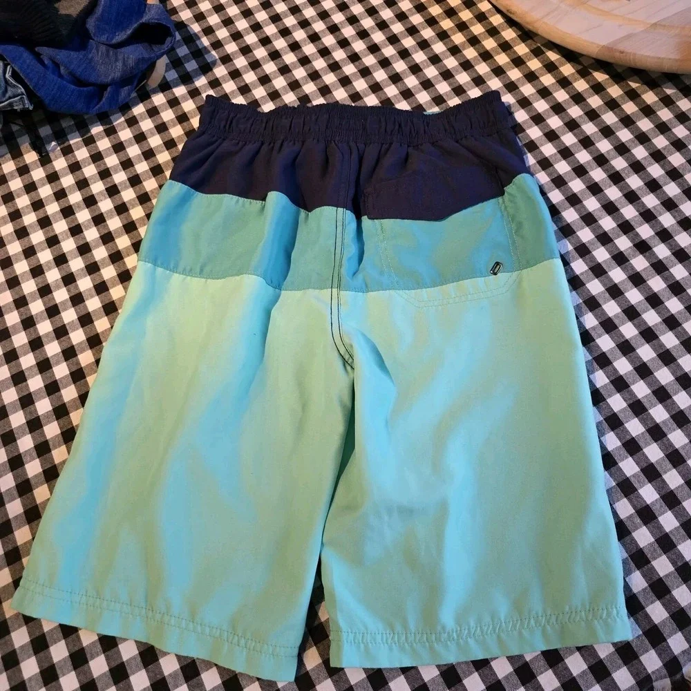 Tommy Bahama Board Shorts Boys LG Swim Trunks Mesh Liner Teals Navy Stripe Beach